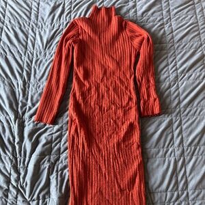 Merokeety Orange XL Long-Sleeved Ribbed Bodycon Dress
